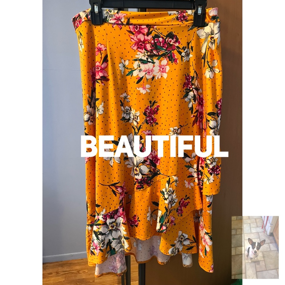 Floral Mustard Color Hi Lo Elastic Waist Skirt, Sz 1X